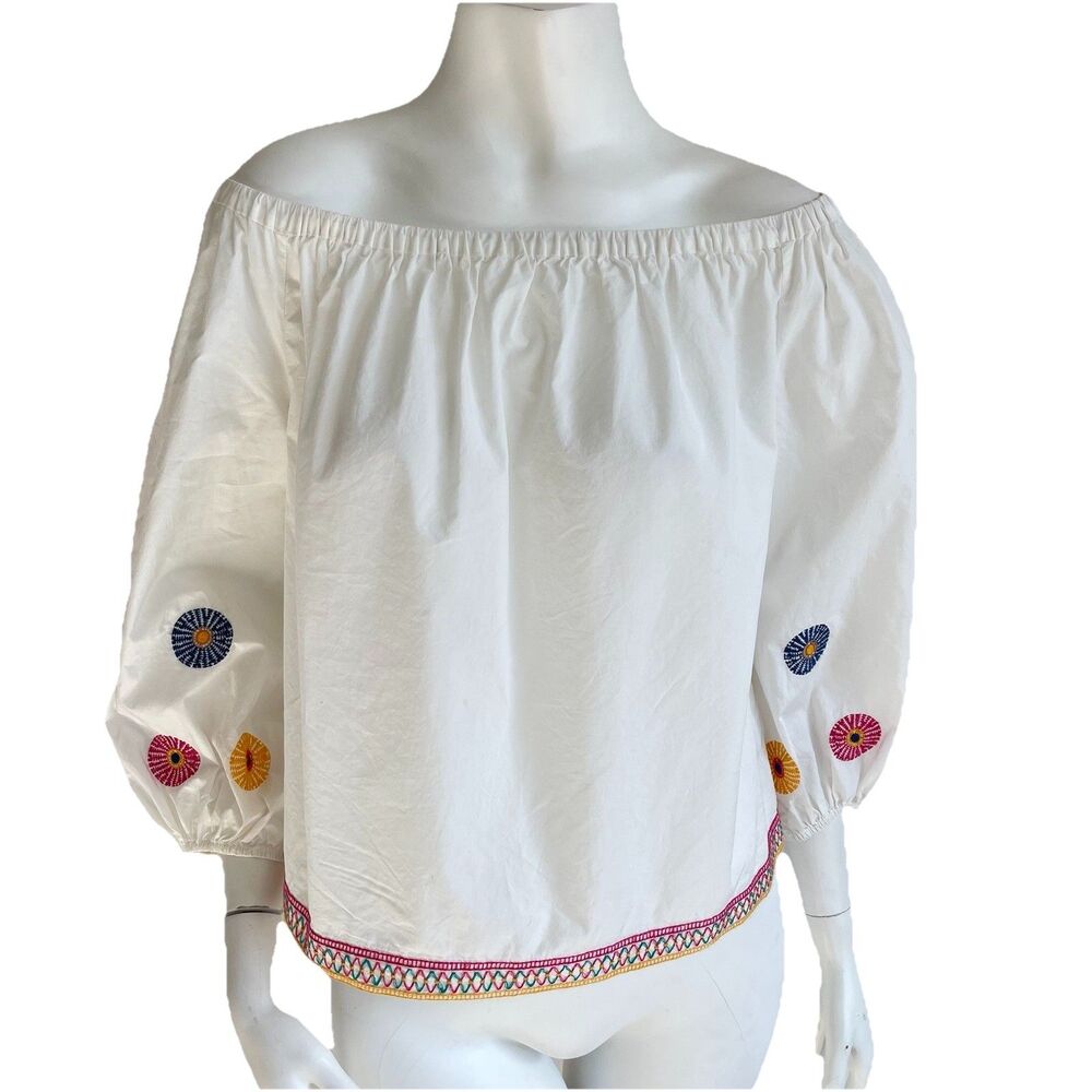 Madewell Puff Sleeves Off Shoulder Top Embroidered‎ M White Romantic Boho Resort
